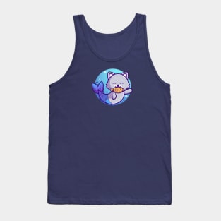 Cute Cat Mermaid Bite Fish Cartoon Tank Top